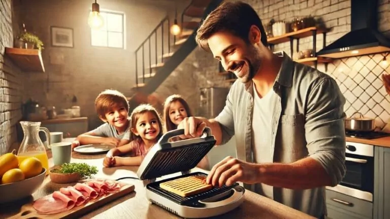 Homem sorrindo enquanto assa carne na sanduicheira elétrica em sua cozinha, com os filhos felizes aguardando na mesa próxima